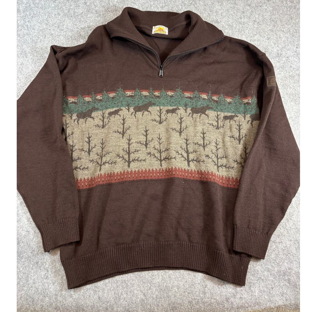 Vintage 90s Arctic Circle Quarter Zip Sweater Mens XL Brown Deer Forest Holiday